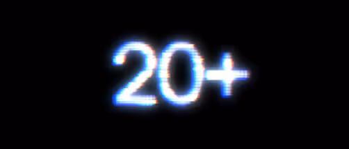 Glowing blue and white text displaying '20+' on a black background.