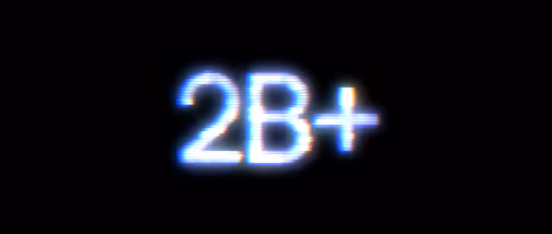 Glowing text '2B+' with a blue neon effect on a black background.