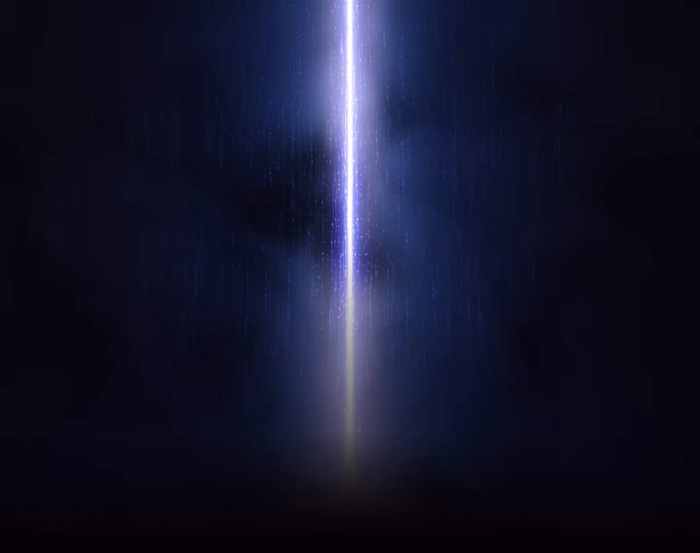 Bright vertical beam of light shining through a dark, rainy background with mist.